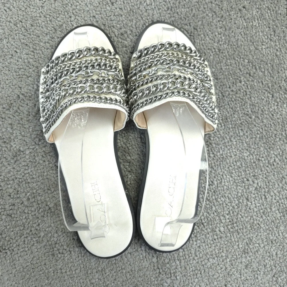 Coach Hayden Flat Sandal Womens Size 8 Beige Leather Silver Chain Slide G3978